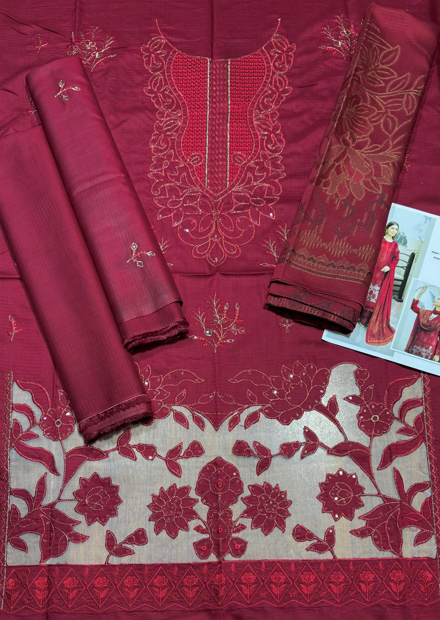 “BAVLI” BY ZIMAL TEXTILE SLUB VISCOS EMBROIDERD APPLIC WORK UNSTICHED 3pc WA-574