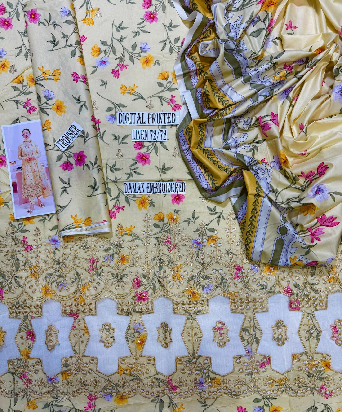 QALAMKAR APPLIC WORK LINEN UNSTICH 3pc(WA-834)