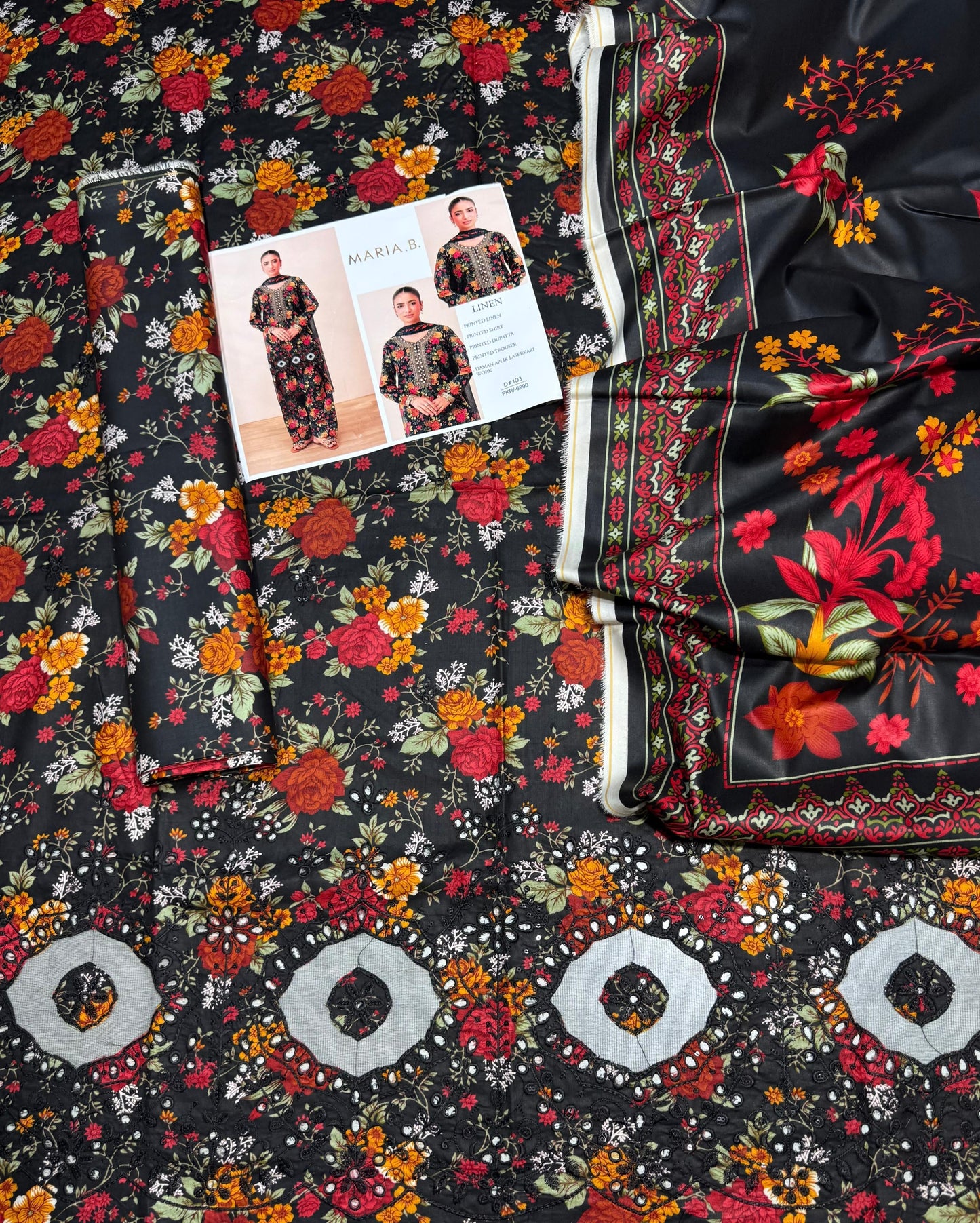 MARIA B APLIC WORK LINEN UNSTICH 3pc(WA-588)