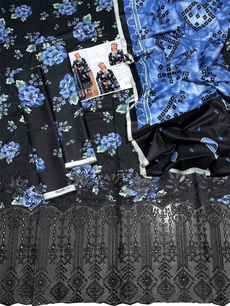 ZAINAB CHOTANI LUXE DAMAN LASER KARI LINEN UNSTICH 3pc(WA-456)