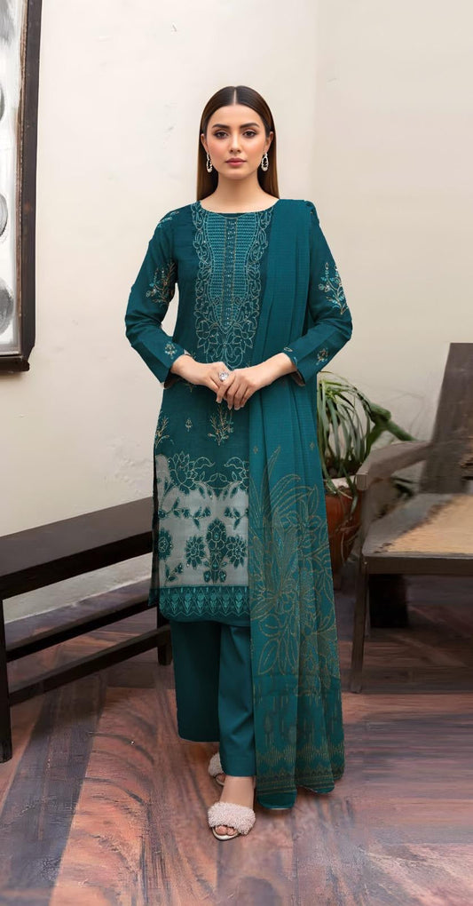 “BAVLI” BY ZIMAL TEXTILE SLUB VISCOS EMBROIDERD APPLIC WORK UNSTICHED 3pc WA-789