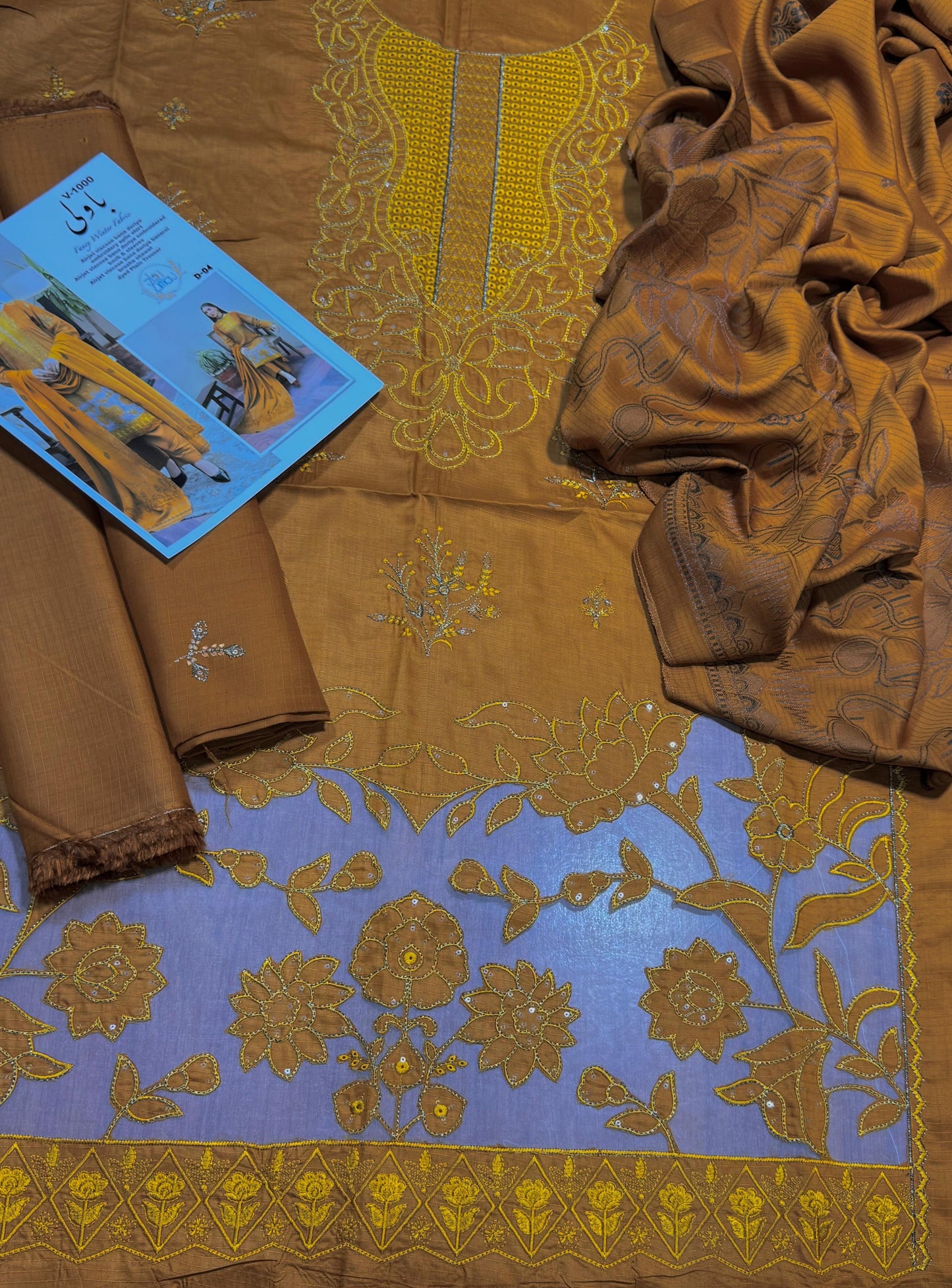 “BAVLI” BY ZIMAL TEXTILE SLUB VISVOS EMBROIDERD APPLIC WORK UNSTICHED 3pc WA-821