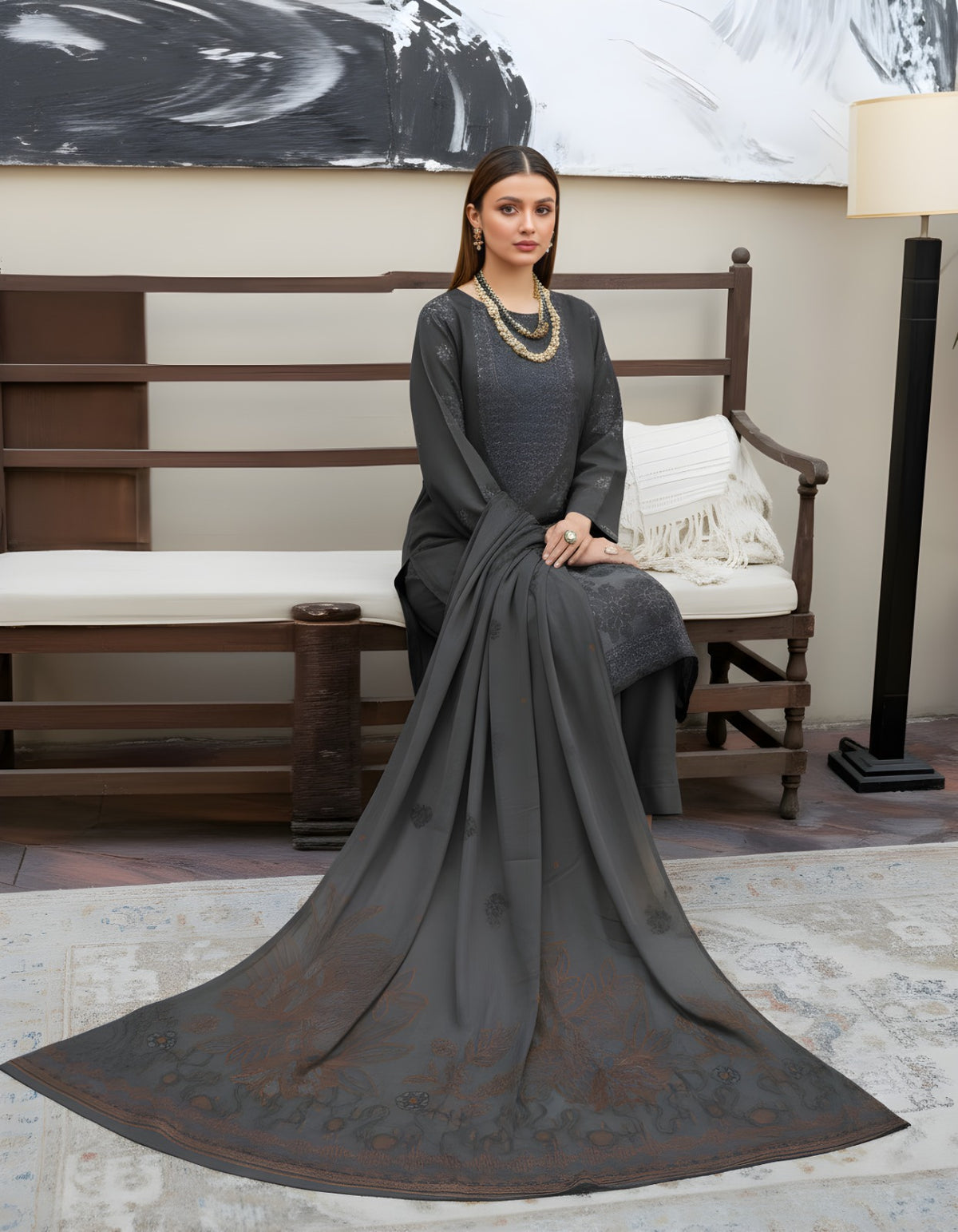 “BAVLI” BY ZIMAL TEXTILE SLUB VISCOS EMBROIDERD APPLIC WORL UNSTICHED 3pc WA-544