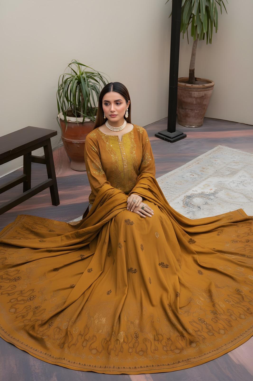 “BAVLI” BY ZIMAL TEXTILE SLUB VISVOS EMBROIDERD APPLIC WORK UNSTICHED 3pc WA-821