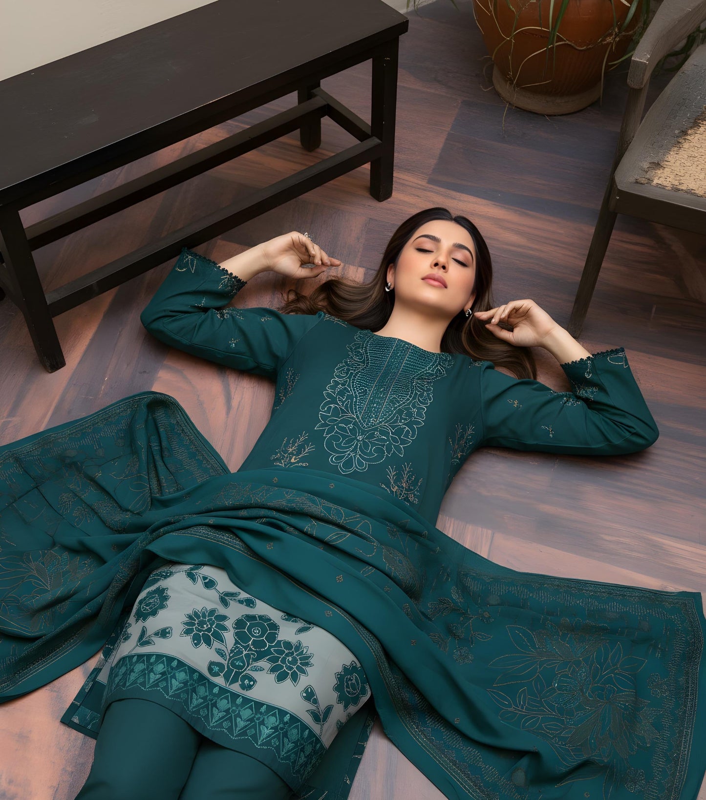 “BAVLI” BY ZIMAL TEXTILE SLUB VISCOS EMBROIDERD APPLIC WORK UNSTICHED 3pc WA-789