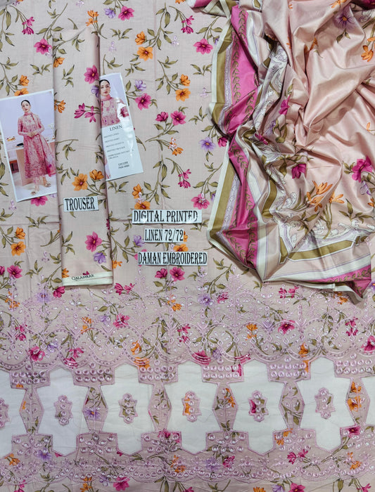 QALAMKAR APLIC WORK LINEN UNSTICH 3pc(WA-677)