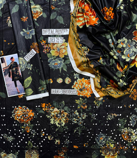 ZAINAB CHOTANI APLIC WORK LINEN UNSTICH 3pc (WA-672)