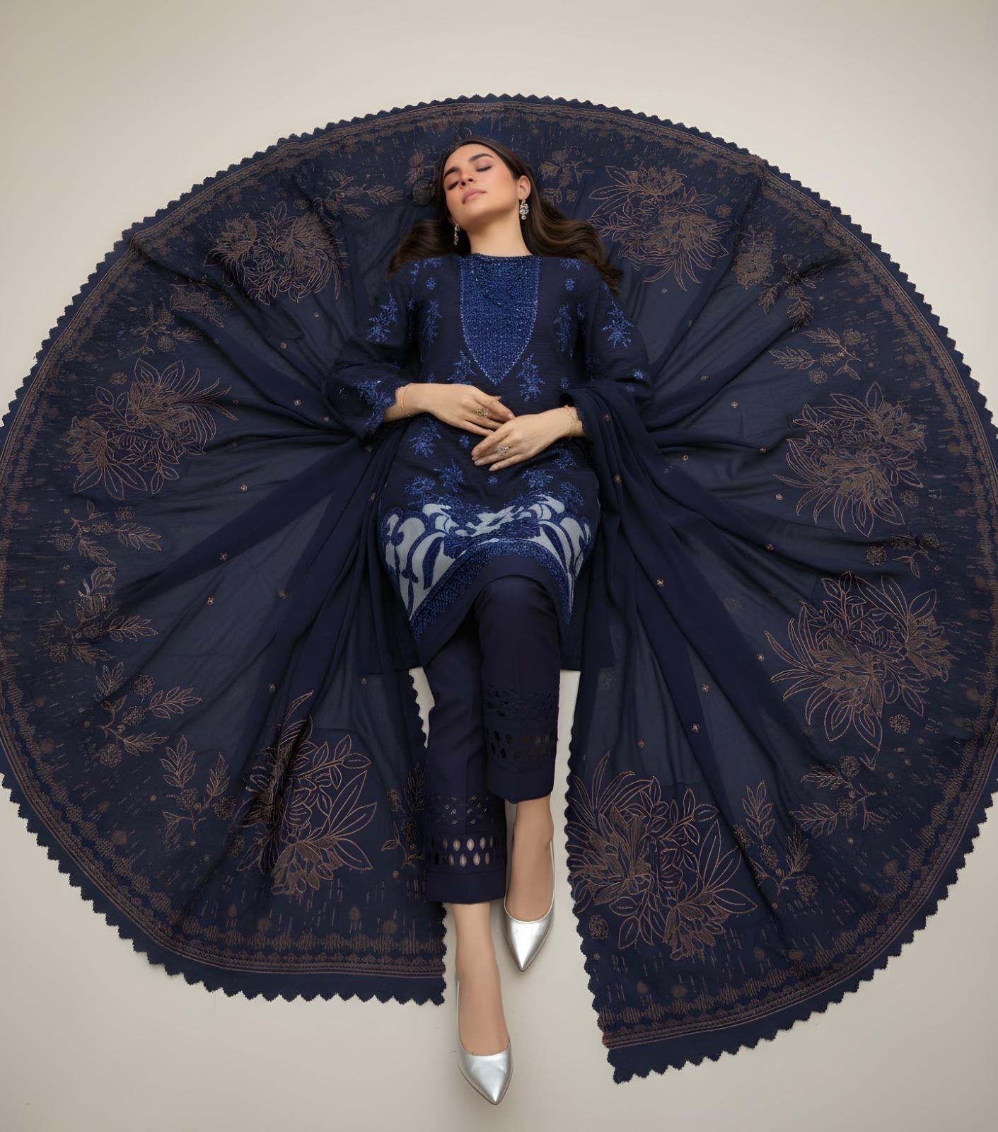 “BAVLI” BY ZIMAL TEXTILE SLUB VISCOS EMBROIDERD APPLIC WORK UNSTICHED 3pc WA-678