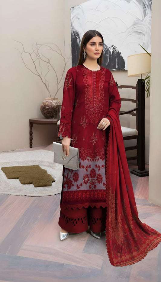 “BAVLI” BY ZIMAL TEXTILE SLUB VISCOS EMBROIDERD APPLIC WORK UNSTICHED 3pc WA-574