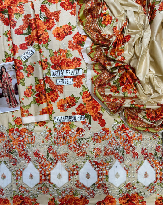 MARIA B APLIC WORK LINEN UNSTICH 3pc(WA-880)